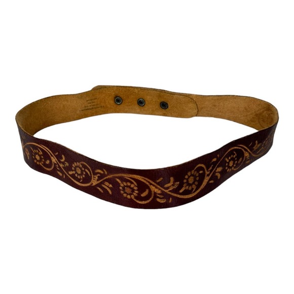 Boho Western Tooled Leather Stamped Belt One Size Brown Waist Snap Statement - Picture 1 of 5
